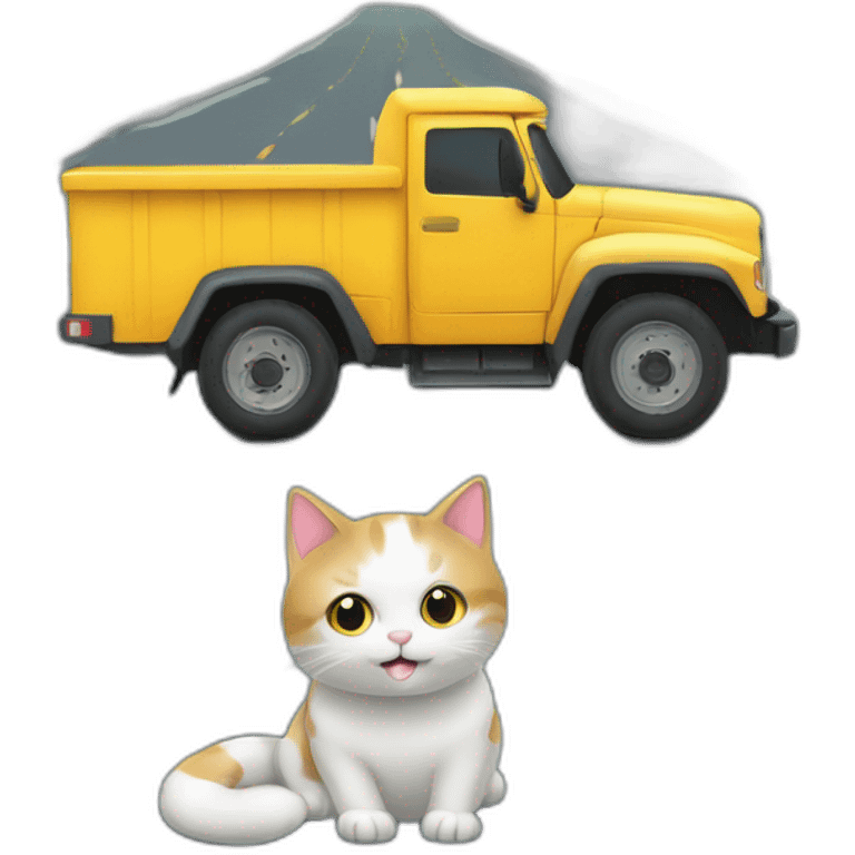 Un chat sur le trottoir avec un camion qui roule sur la route emoji