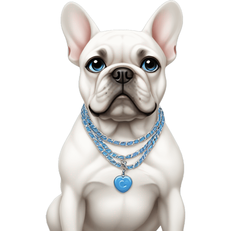 White French bulldog with blue eyes making a sad face and wearing a Chanel necklace emoji