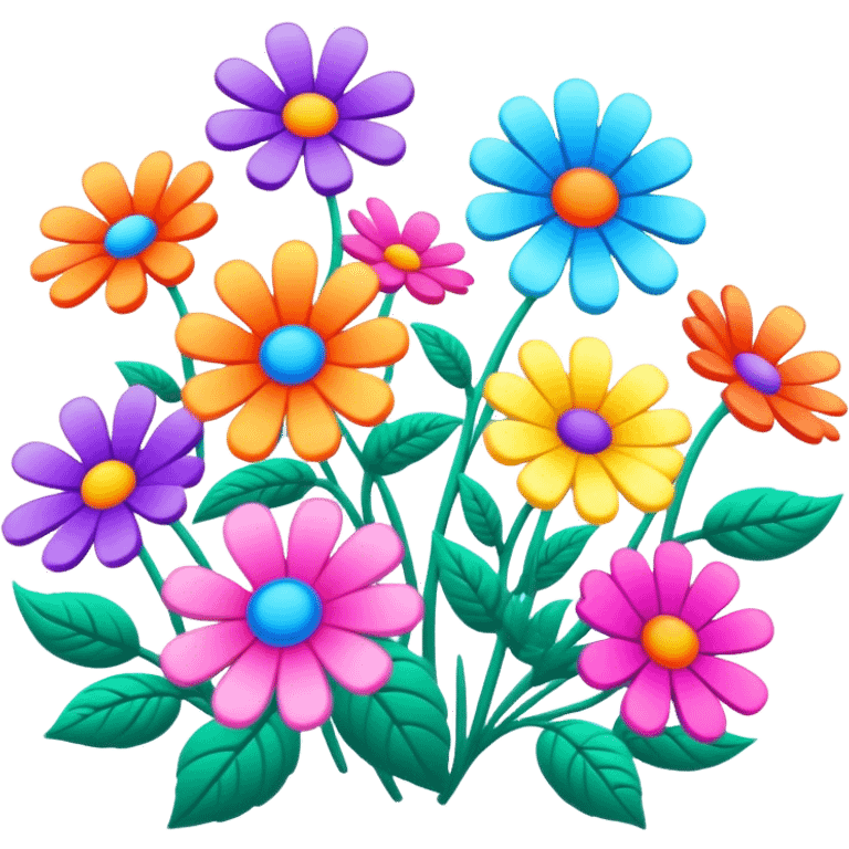 3D, psychedelic colored hippie style flowers in a line  emoji