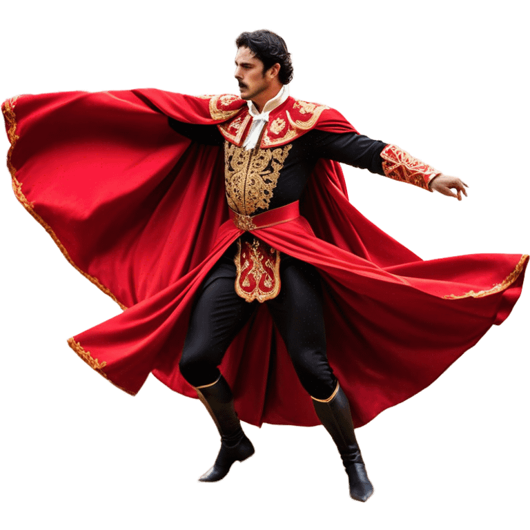 ​Cinematic Realistic Spanish Matador Holding a Red Cape, depicted in mid-action with a vibrant red cape flowing in the wind, dressed in an ornate traje de luces with shimmering details, confronting a charging bull in a dramatic arena, rendered with dynamic motion blur and vivid, high-contrast lighting, emoji