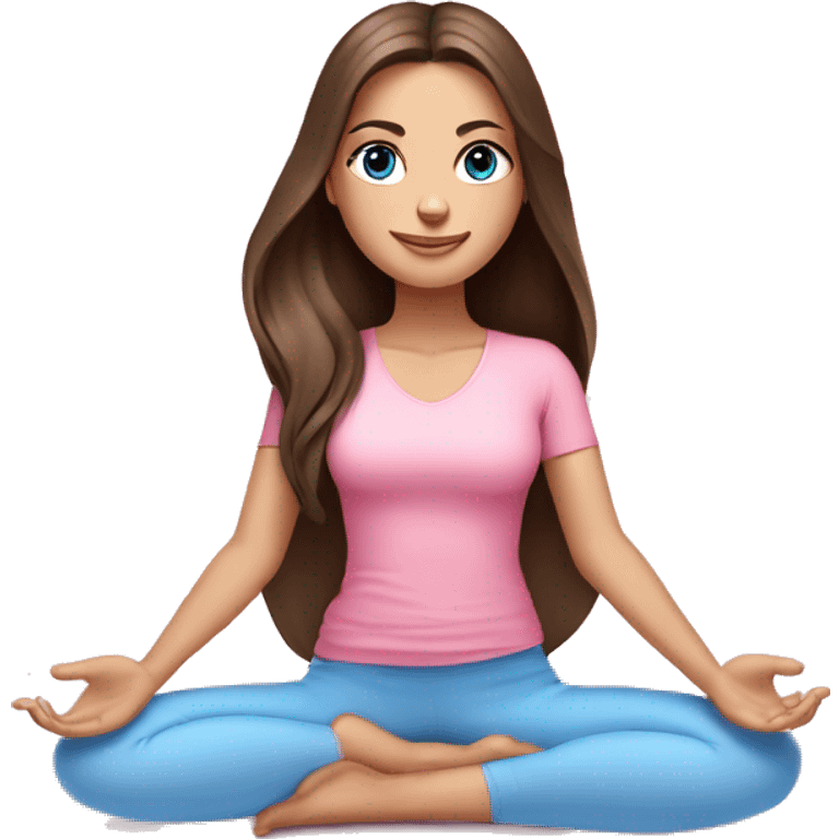 Brunette long hair and blue blue eyes yoga beautiful girl in light pink pink pink clothes sitting on a yoga mat emoji