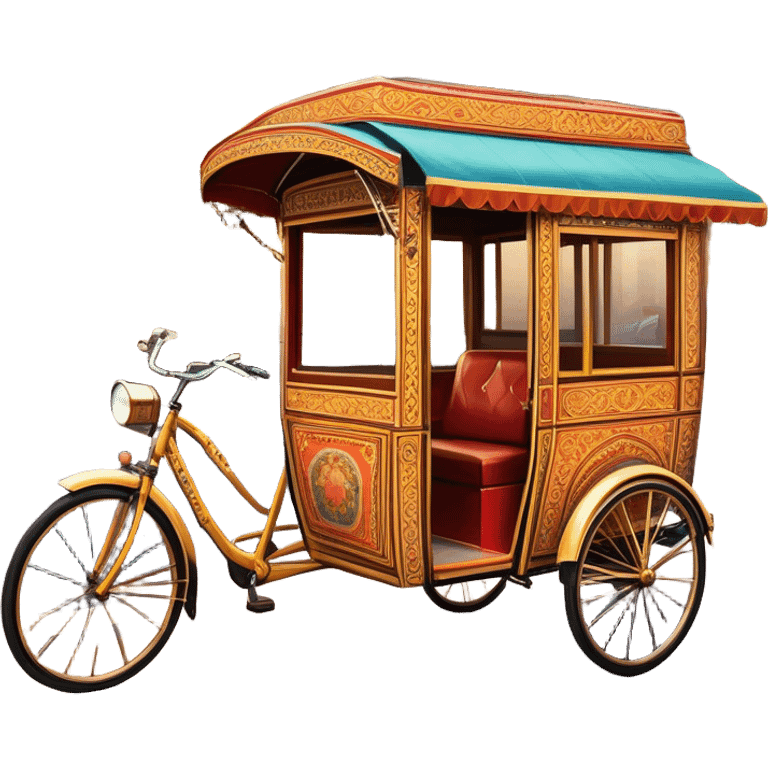 Cyclo rickshaw – Cinematic Realistic Cyclo Rickshaw, depicted as a charming, ornately painted three-wheeled cycle taxi with vintage detailing, set on bustling city streets under dynamic urban lighting that evokes cultural heritage and nostalgic charm. emoji