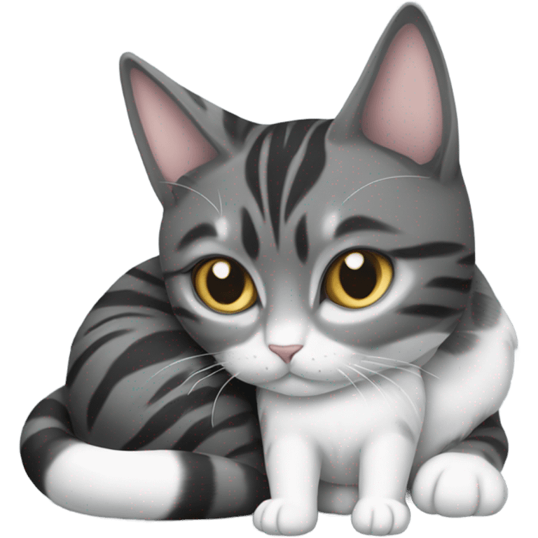 Grey and black tabby with white legs loving a calico cat emoji