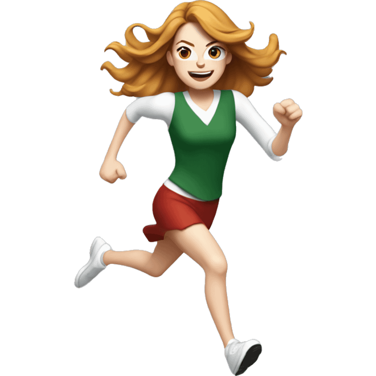 Emma Stone running, with a large stride and arms outstretched, with long golden brown hair, wearing an Christmas outfit emoji