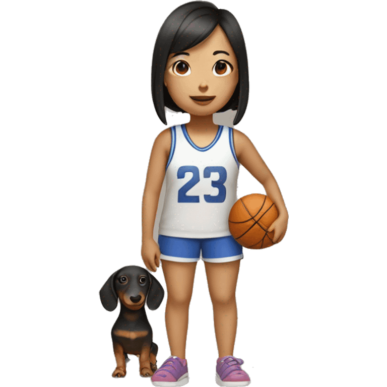 Short asian girl wearing basketball shorts and crocs holding a dachsund emoji