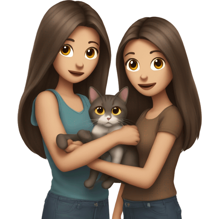 Two long hair brunette girls and two cats in their hands emoji