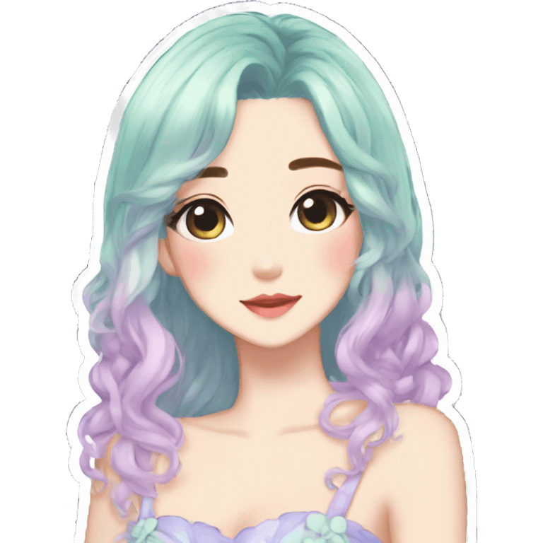 gorgeous pretty attractive anime lady beautiful pastel-gradient hair with a gorgeous dress fairycore cottagecore pastelcore detailed high quality trending VOGUE aesthetic sticker emoji