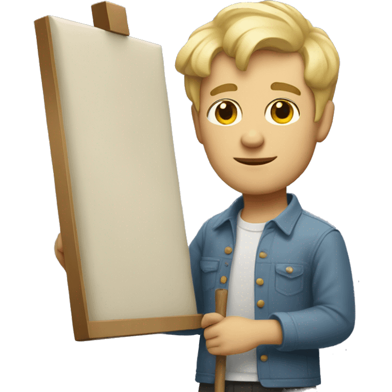 a guy with short blond hair and dressed like a painter holding a painting emoji