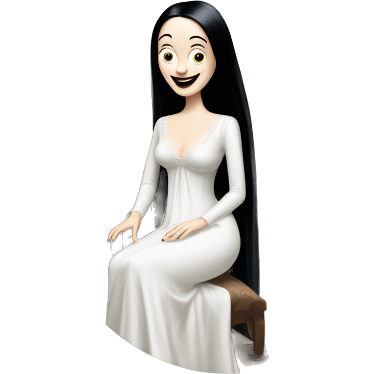 Morticia Addams at home. Smiling. Filmy nightgown . Very Pale-white porcelain skin.  emoji