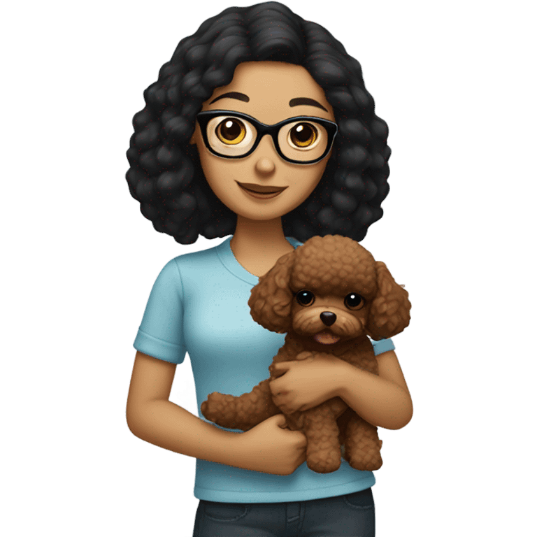 black hair girl with glasses holding a brown toy poodle emoji