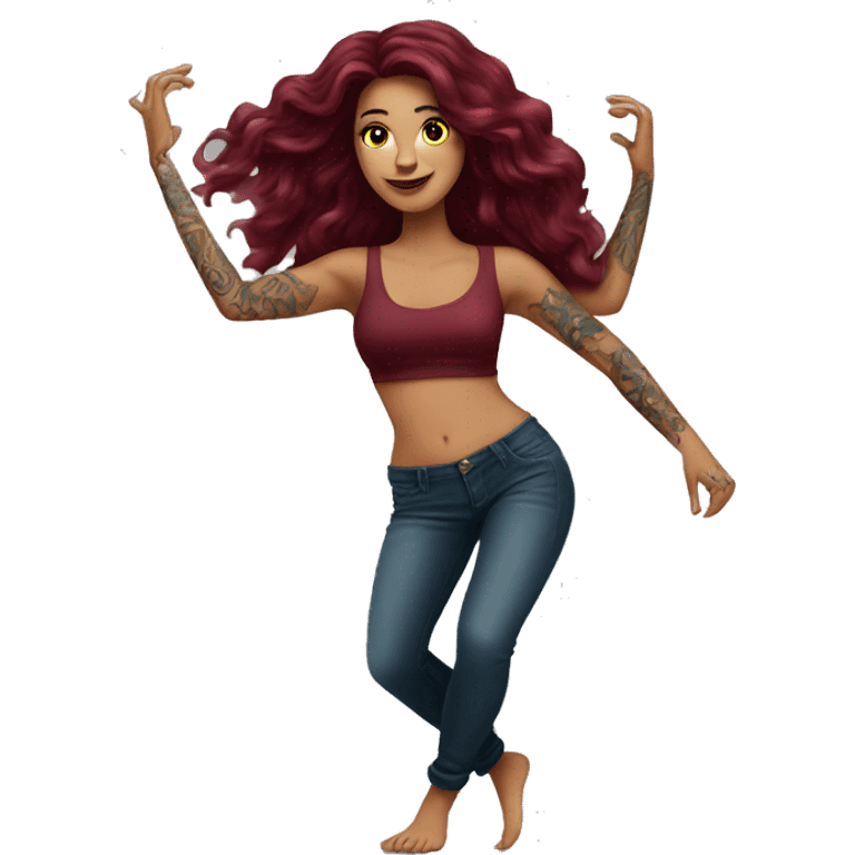 Beautiful tattooed burgundy long haired woman dancing emoji