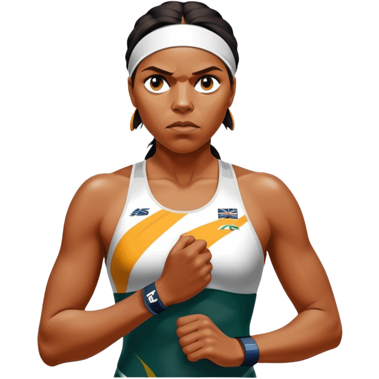 Cinematic Realistic portrait of Cathy Freeman, shown as an iconic Australian athlete with a focused, determined expression and modern athletic attire accented with subtle native motifs, rendered in dynamic, vibrant lighting emoji