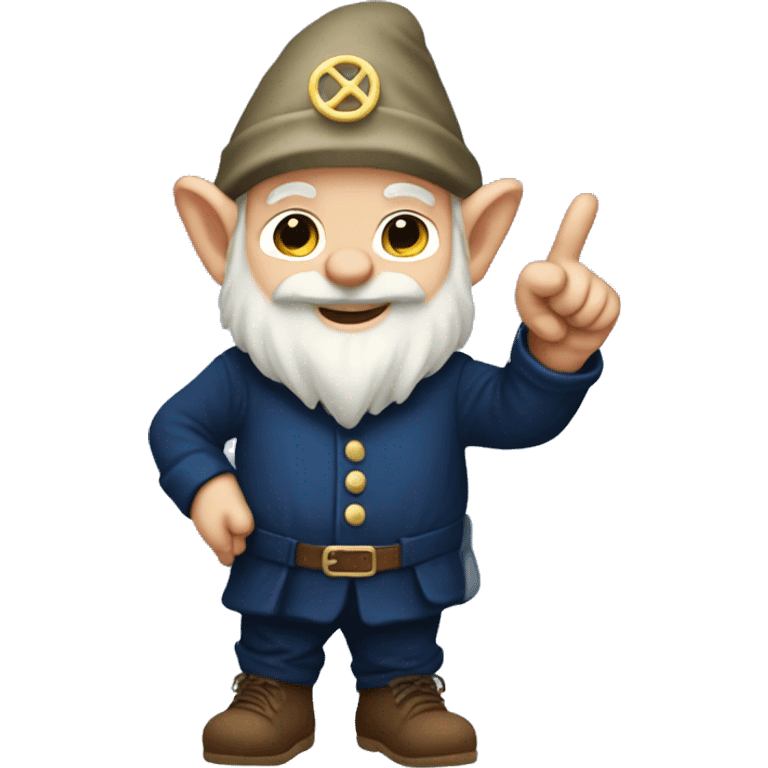 Gnome wearing navy blue holding up his hand with his pinky and index finger extended emoji