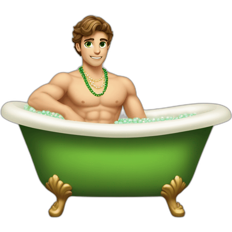 Posh-muscle-boy-brown-hair-green-eyes-pearl-necklace-in-golden-bathtub-legs emoji