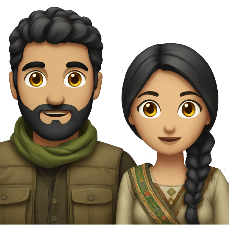 Kurdish couple, olive clothes, mountains, black hair emoji