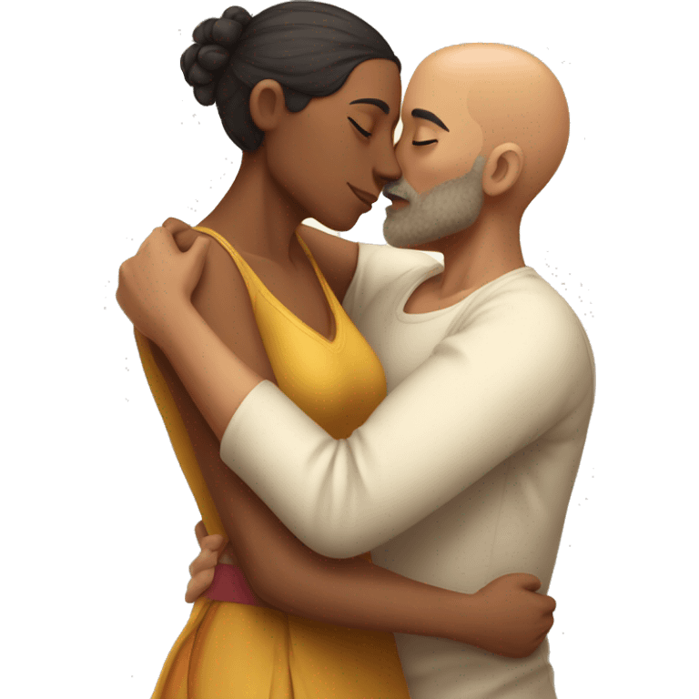 A indian race man with shaved head kissing a mixed woman with curly hair short, Who embrace each other tenderly emoji