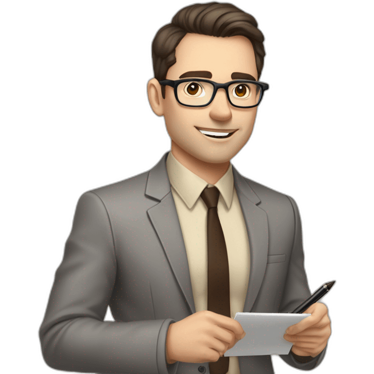 Pale skinned fit man with dark brown hair in gray jacket, beige office shirt, brown tie, brown pants and vintage glasses Writing on the marker board emoji