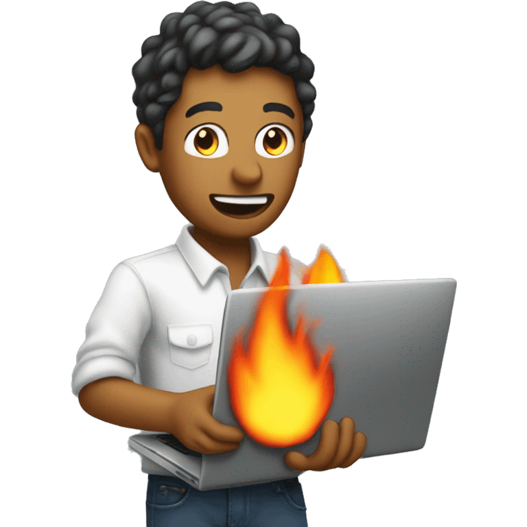 a software engineer holding a computer that is on fire emoji