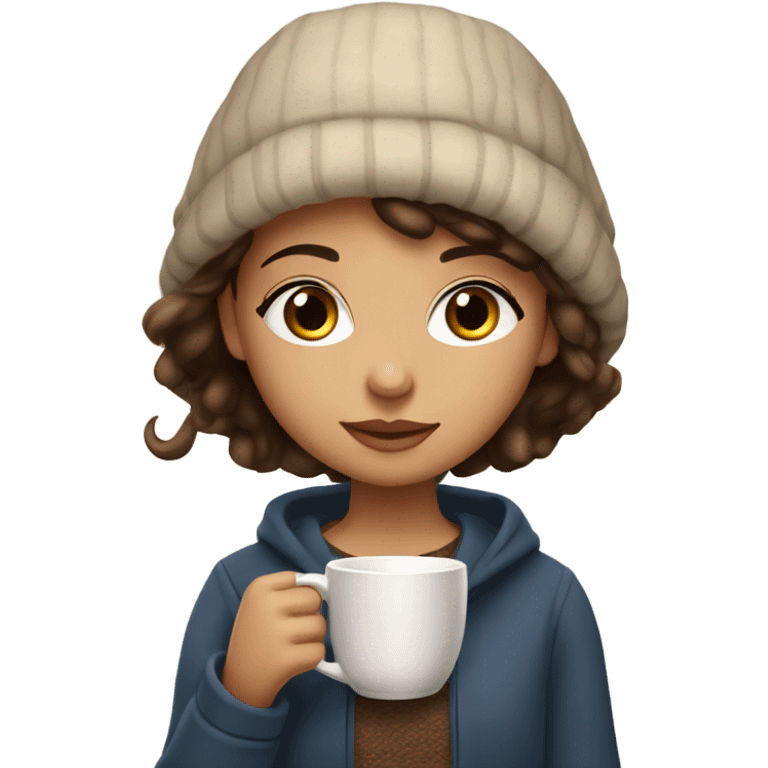 A girl is drinking coffe in a cozy place and she is wearing Thick clothes.She is brunette and her eyelashes are very beautiful,she has a pretty makeup,her eyes are brown. emoji