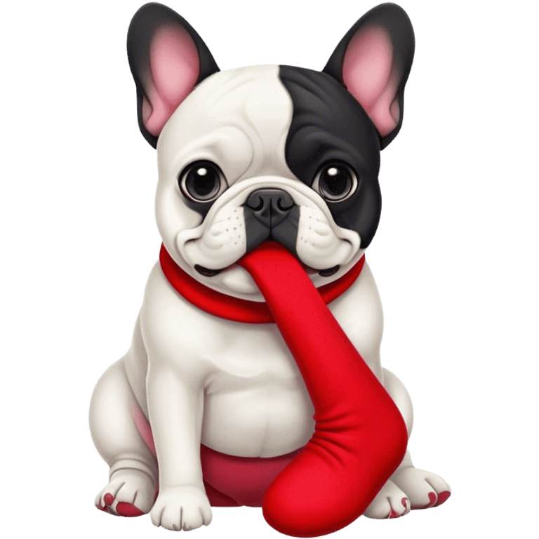 Black and white Bouledogue français eating a red sock  emoji