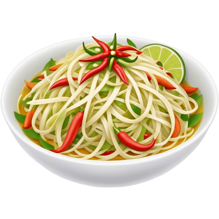 Cinematic Realistic Som Tam (Papaya Salad) Dish Emoji, featuring a spicy, tangy salad of shredded green papaya with chili and lime rendered with crisp textures and bright, lively lighting. emoji