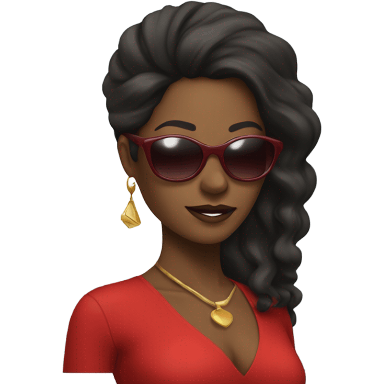 Black lady with sunglasses in red dress with long hair  emoji