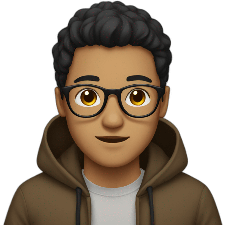 A young man wearing glasses, a brown hoodie, and black hair emoji