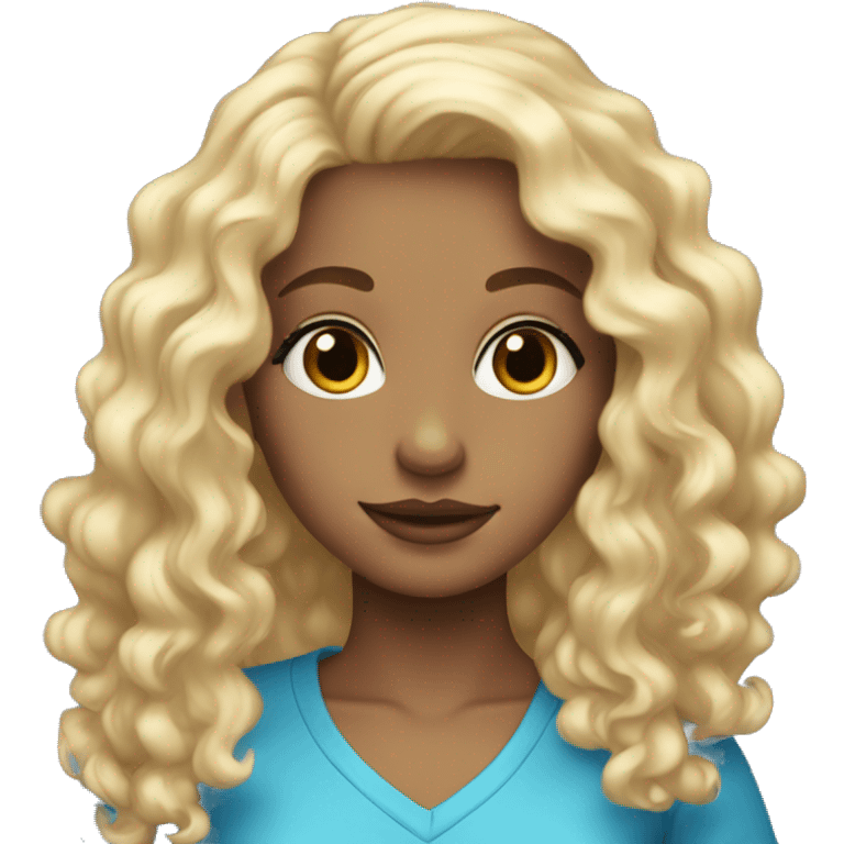 Girl with blonde hair with loose curls and blue eyes wearing  emoji