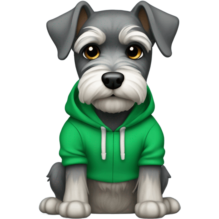 Mini schnauzer with a Kelly green hoodie. Hood has frog eyes in the top emoji