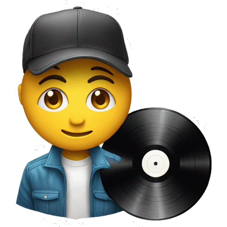 Vinyl records with dj wearing cap emoji