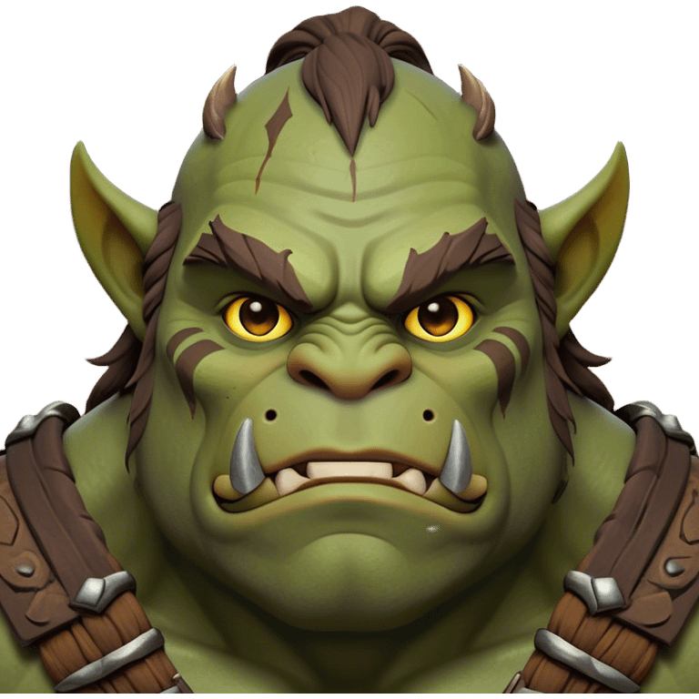 Cinematic Noble Ogre Portrait Emoji, Majestic and imposing, with a rugged, muscular form in deep earthy greens and browns, adorned with battle scars and subtle tribal markings, exuding calm, noble strength and unexpected wisdom, simplified yet strikingly detailed, glowing with a shadowy outline that captures the essence of a gentle giant with fierce heart! emoji