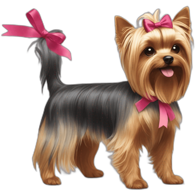 yorkshire terrier standing only on his back paws with a ribbon on his head emoji