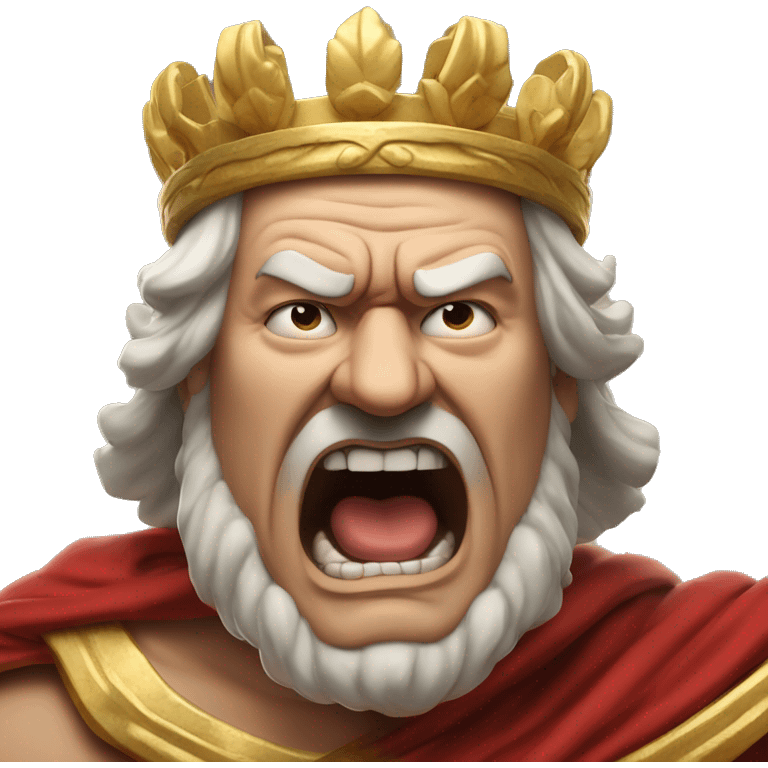 Furious Emperor: An emperor in a billowing toga, face red and shouting, with clenched fists. His laurel crown is tilted, as if he's about to throw it on the ground in a rage. emoji