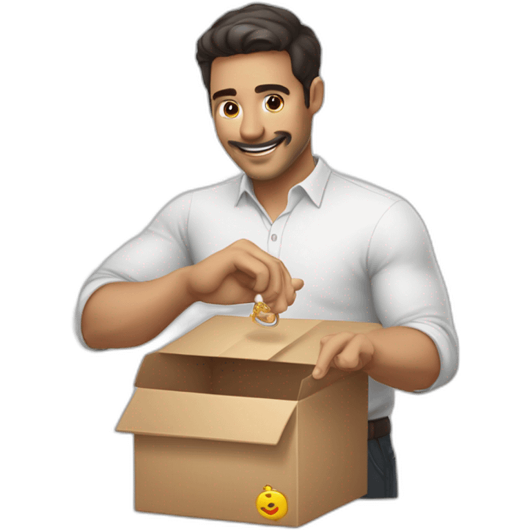 hombre blanco mostrando una caja con anillo de compromiso emoji