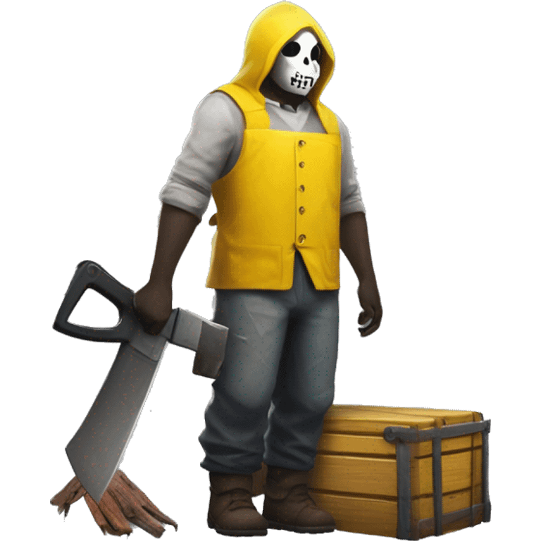 Dead by daylight cannibale beside a chest waiting with His chainsaw in His yellow Rubber apron , white skin and a Grey Shirt under the apron emoji