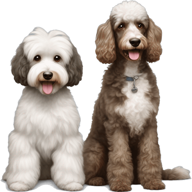 Brown and white poodle beside a grey aussiedoodle emoji