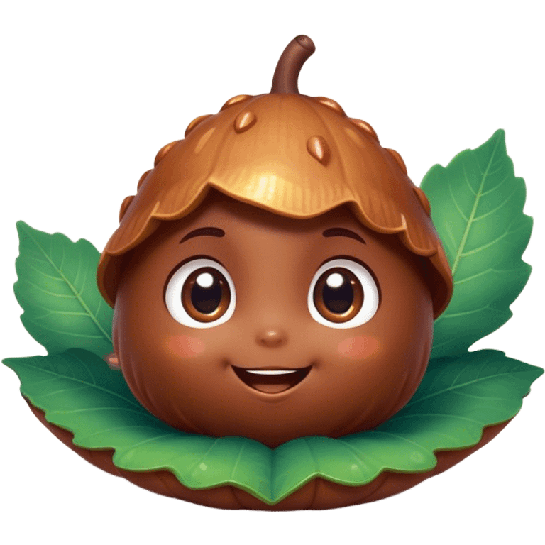 Cinematic tiny happy acorn, glossy brown, soft glowing highlights, tiny adorable face with big sparkly eyes, sitting on a pastel leaf, warm and cheerful. emoji