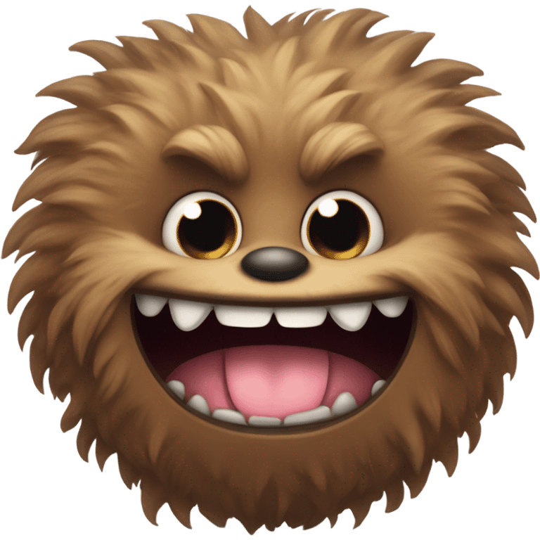 cute fluffy brown monster with round ears and a smile with 2 fangs emoji