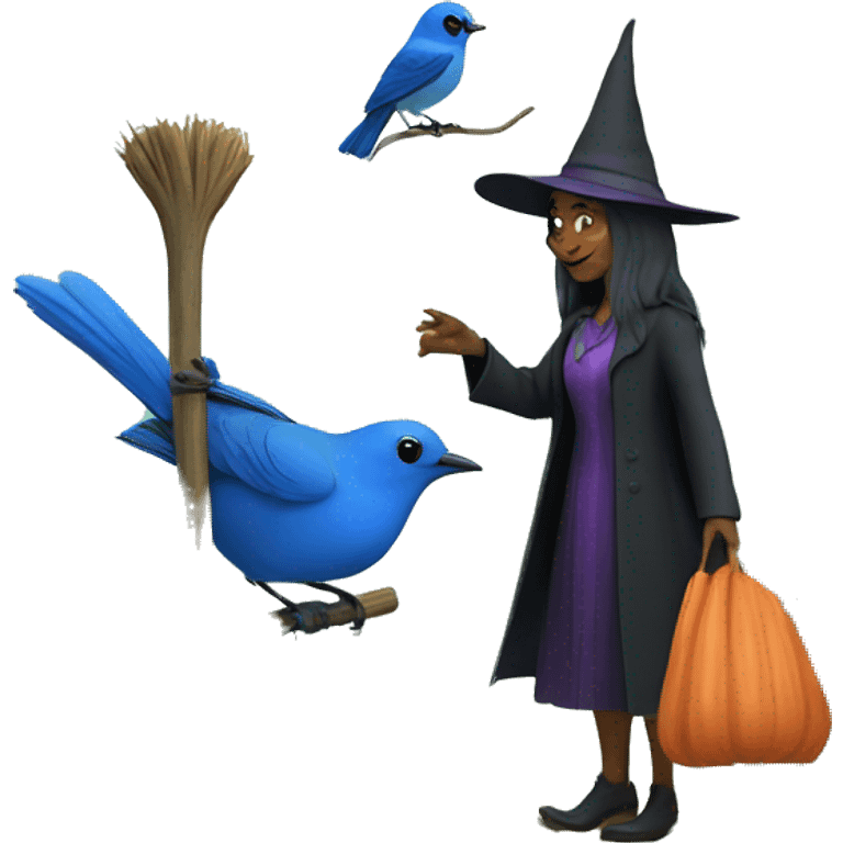 Witch and a bluebird in a garden  emoji