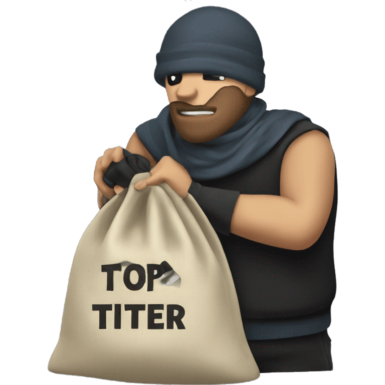 Thief stealing a bag of money that has the word Toptier embroidered on it emoji