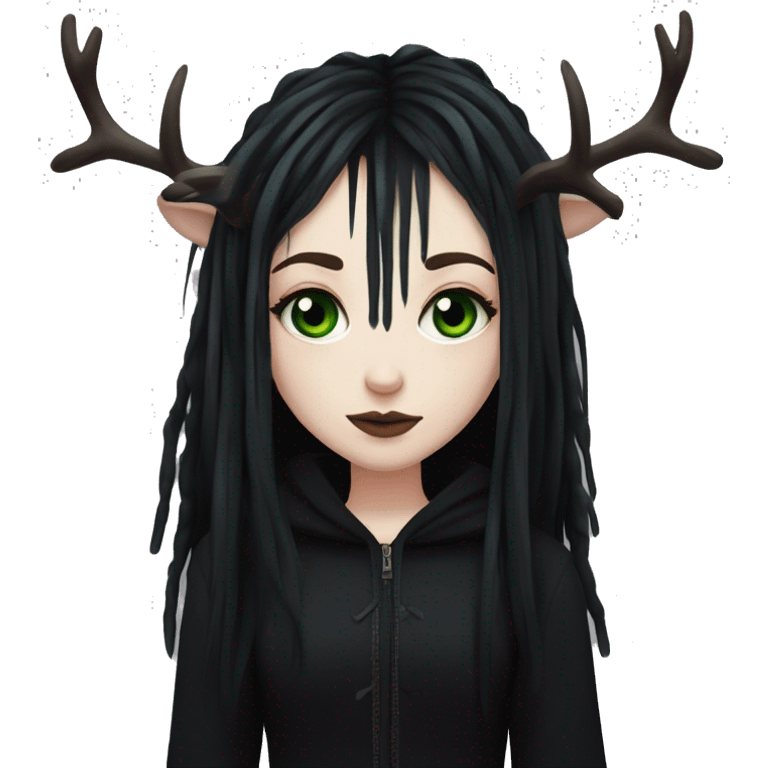 gothic girl, pale skin, green eyes, black dreads, bangs, black clothes, eyeliner, deer antlers  emoji