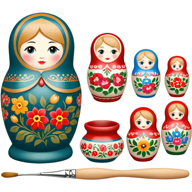 Russian nesting dolls (matryoshka) painting icon, several dolls of different sizes being hand-painted with traditional floral patterns, paintbrushes, small pots of paint, and carving tools nearby, visible process of decoration, minimalistic style, clean lines, transparent background. emoji