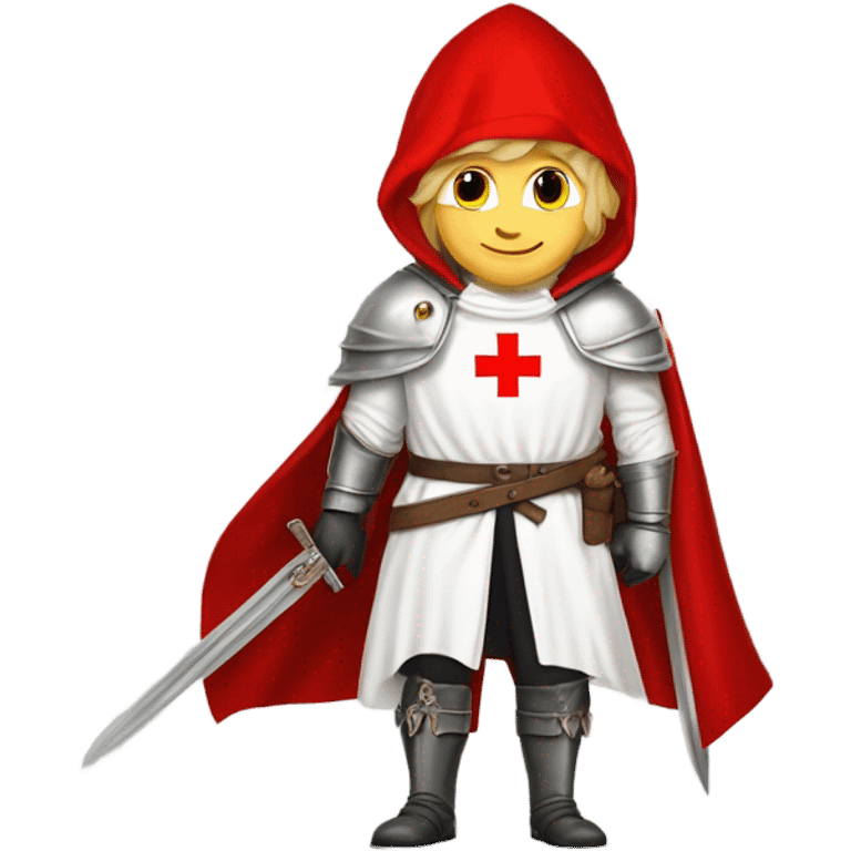 blond haired Masonic knight Templar wearing a white tunic with a Red Cross on the front and a white mantle with a hood with a Red Cross on the left side and a male face with a red cap and holding a sword. emoji