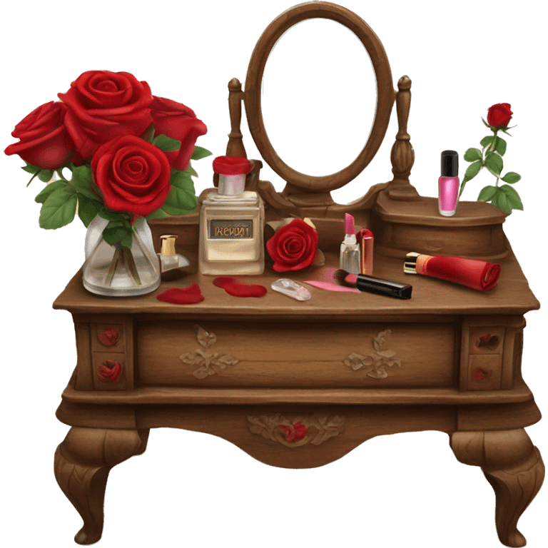 Old wood vanity with red roses vintage makeup and perfume  emoji