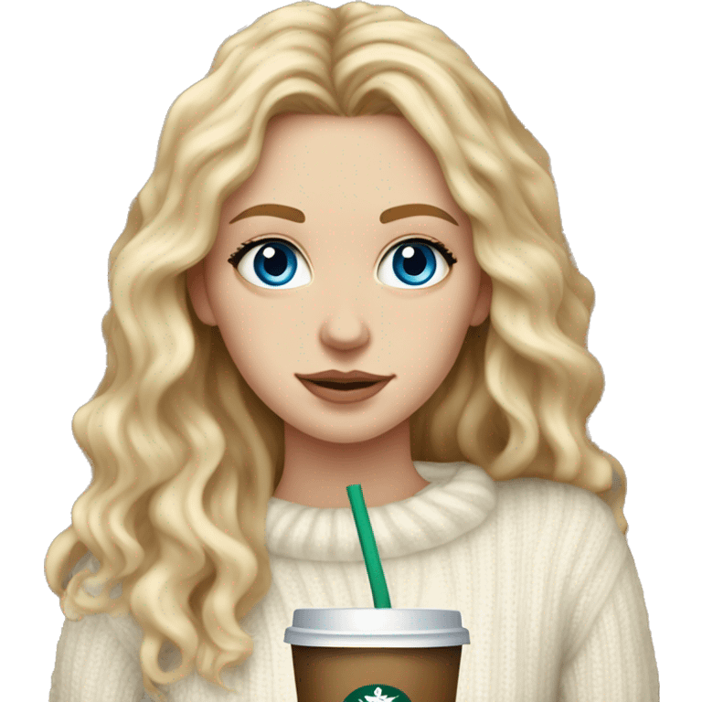 Skinny White girl with blue eyes and wavy long blond hair, in a white sweater drinks a starbucks. emoji