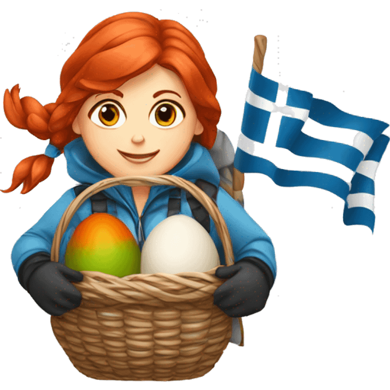 red hair female winter mountaineer climbing with Easter eggsbasket and Greek flag emoji