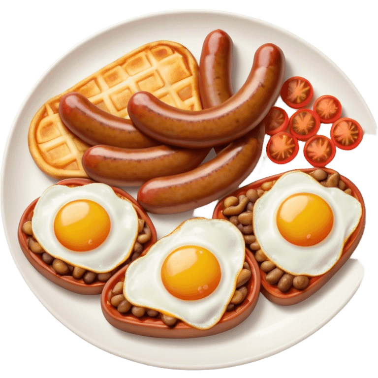 English Breakfast Cinematic Realistic English Breakfast Dish Emoji, depicted as a hearty plate featuring 2 sizzling sausages, a central serving of baked beans, 2 perfectly fried eggs, 2 sliced grilled tomatoes, 2 grilled mushrooms, and a triangle-shaped hash brown, rendered with vivid textures and warm, inviting lighting. emoji