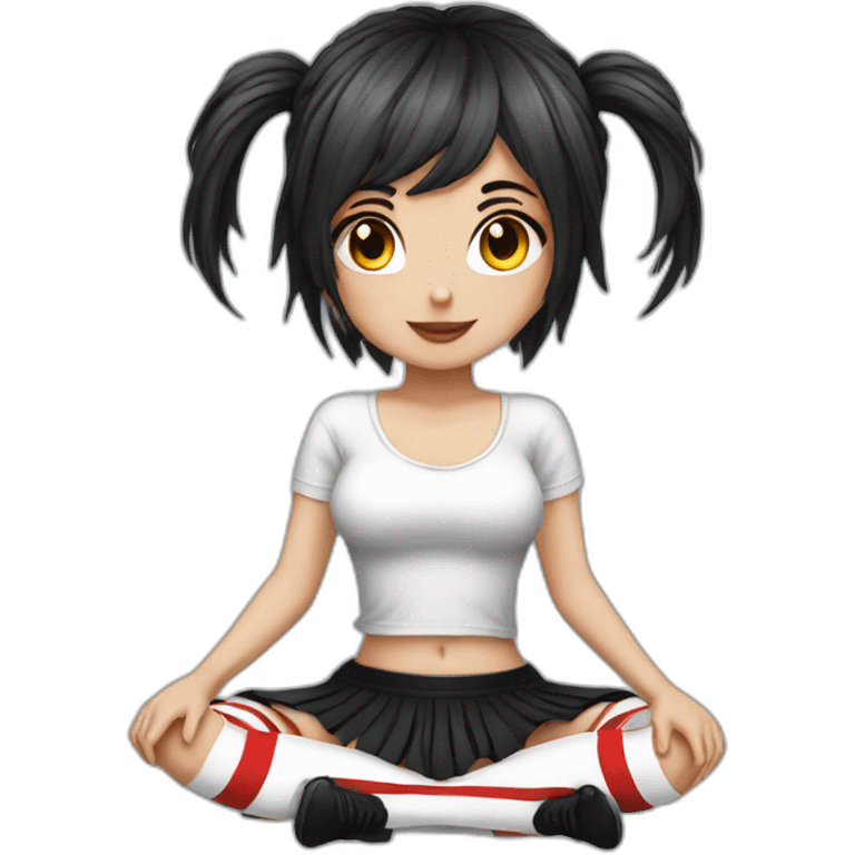 Frontal view curvy emo girl sits white skirt striped stockings hands up emoji