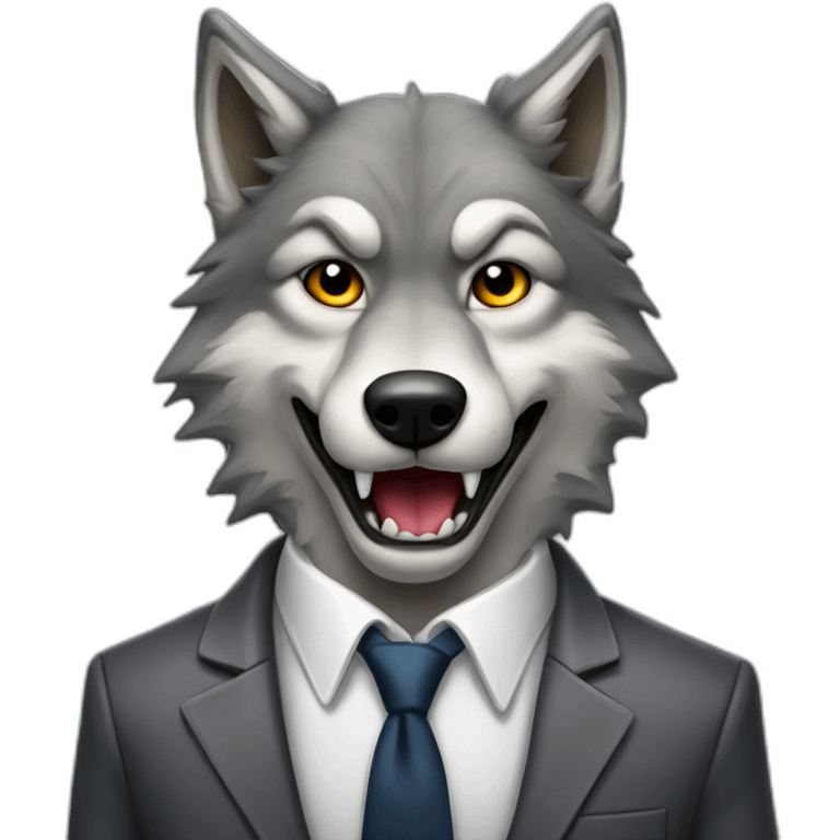 Portrait of a gray wolf showing fangs with a human-like face wears a sleek jacket and tie like a salesman emoji