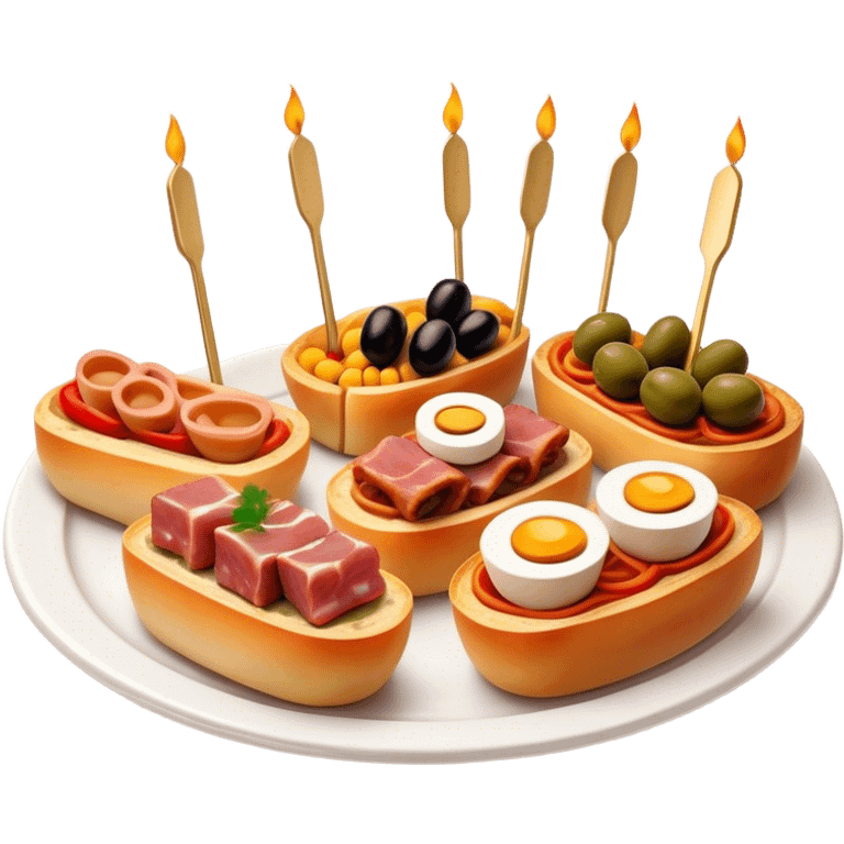 Tapas (4 Pintxos) Cinematic Realistic Tapas Dish Emoji, depicted as an assortment of 4 pintxos elegantly arranged on a plate, rendered with lifelike textures and vibrant, inviting lighting. emoji